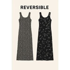 Y2K 90s Reversible Black Floral Maxi Dress Sleeveless Med Soft Grunge Indie